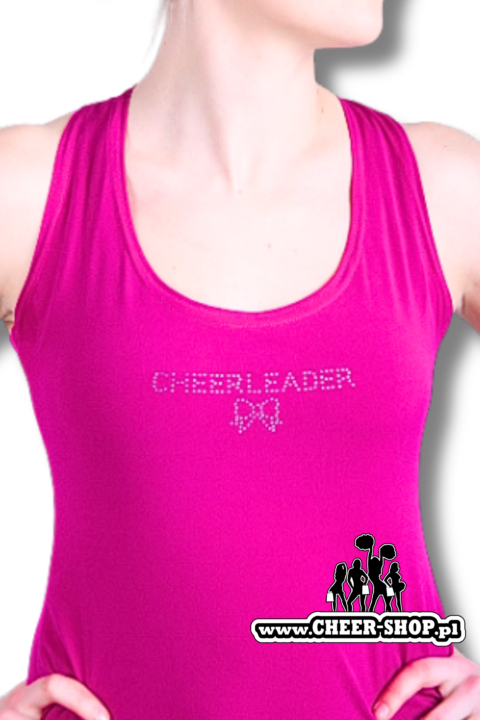 koszulka sportowa różowa na ramiączkach z napisem cheerleaders i kokardką z dżetów idealna na trening