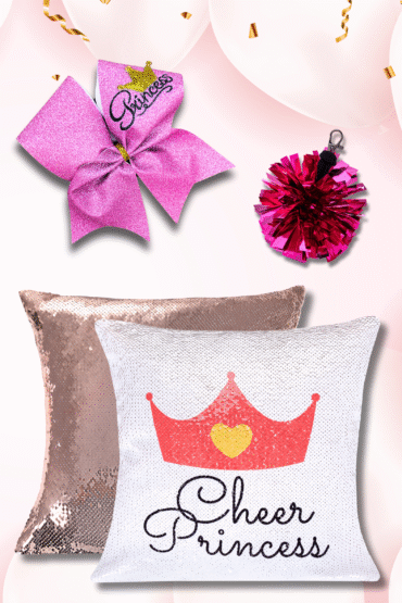 Zestaw Szampański z cekinową poduszką cheer princess, różową przypinką cheer princess oraz profesjonalną brokatową cheer kokardką w kolorze jasnego różu z napisem Princess i koroną 3D