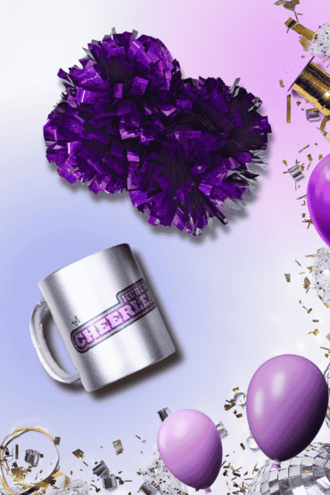 CHEER BOX Fioletowy, zestaw prezentowy, fioletowe pompony, breloczek mini pomponik, kubek idealny dla cheerleaderki