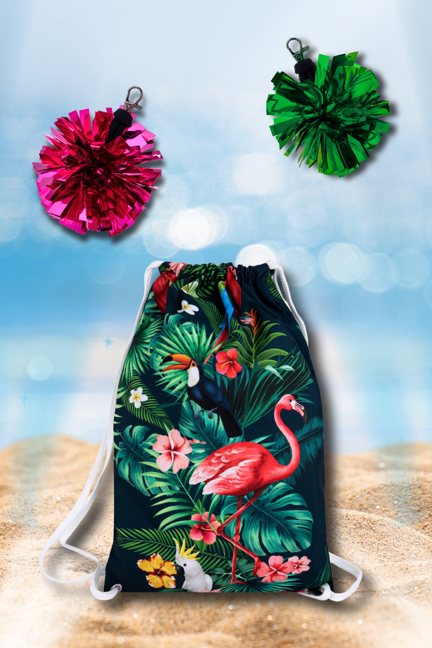 Zestaw Tropical z plecakoworkiem, mini pomponikiem różowym i mini pomponikiem zielonym