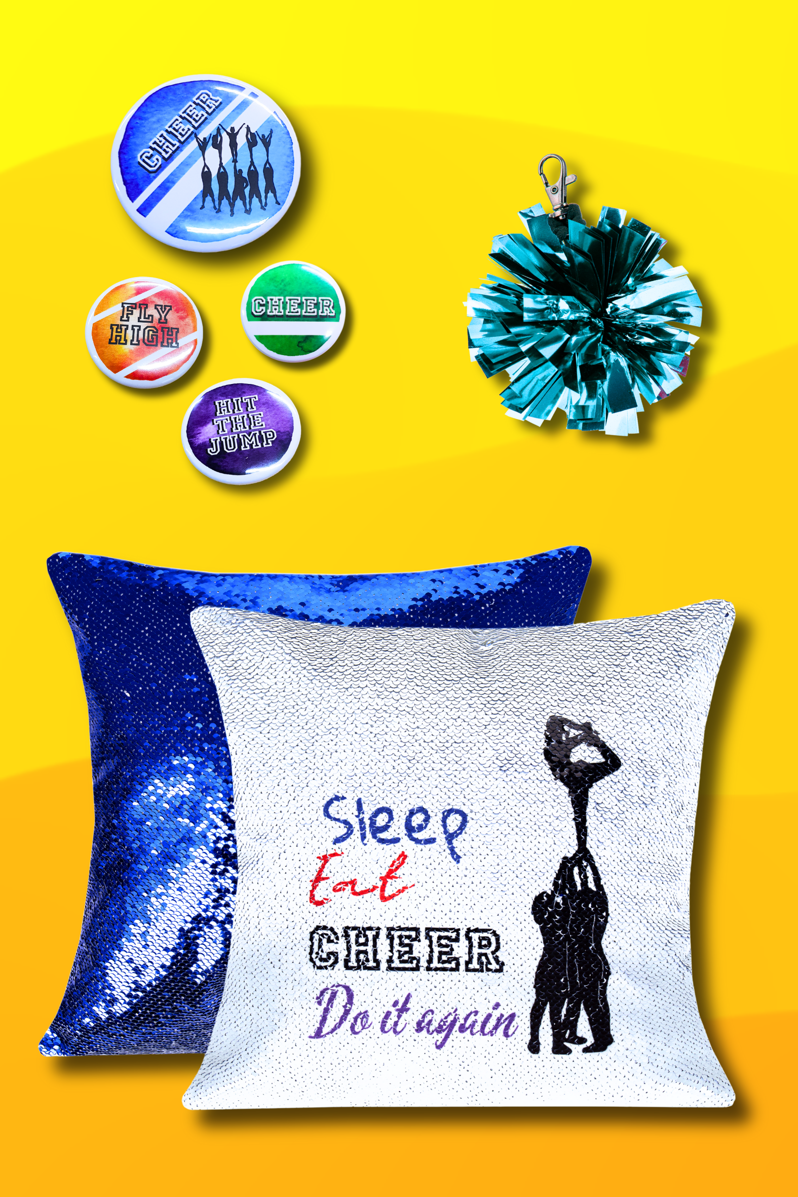 Zestaw Niebieski z cekinową poduszką sleep, eat, cheer repeat, mini pomponikiem niebieskim, mini pomponikiem holo srebrnym i zestawem przypinek kolorowych