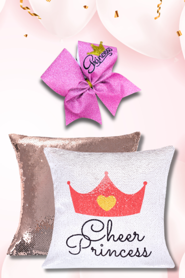 Zestaw Szampański z cekinową poduszką cheer princess oraz profesjonalną brokatową cheer kokardką w kolorze jasnego różu z napisem Princess i koroną 3D