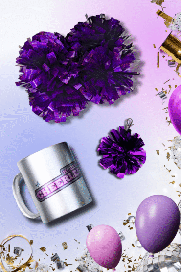 CHEER BOX Fioletowy, zestaw prezentowy, fioletowe pompony, breloczek mini pomponik, kubek idealny dla cheerleaderki