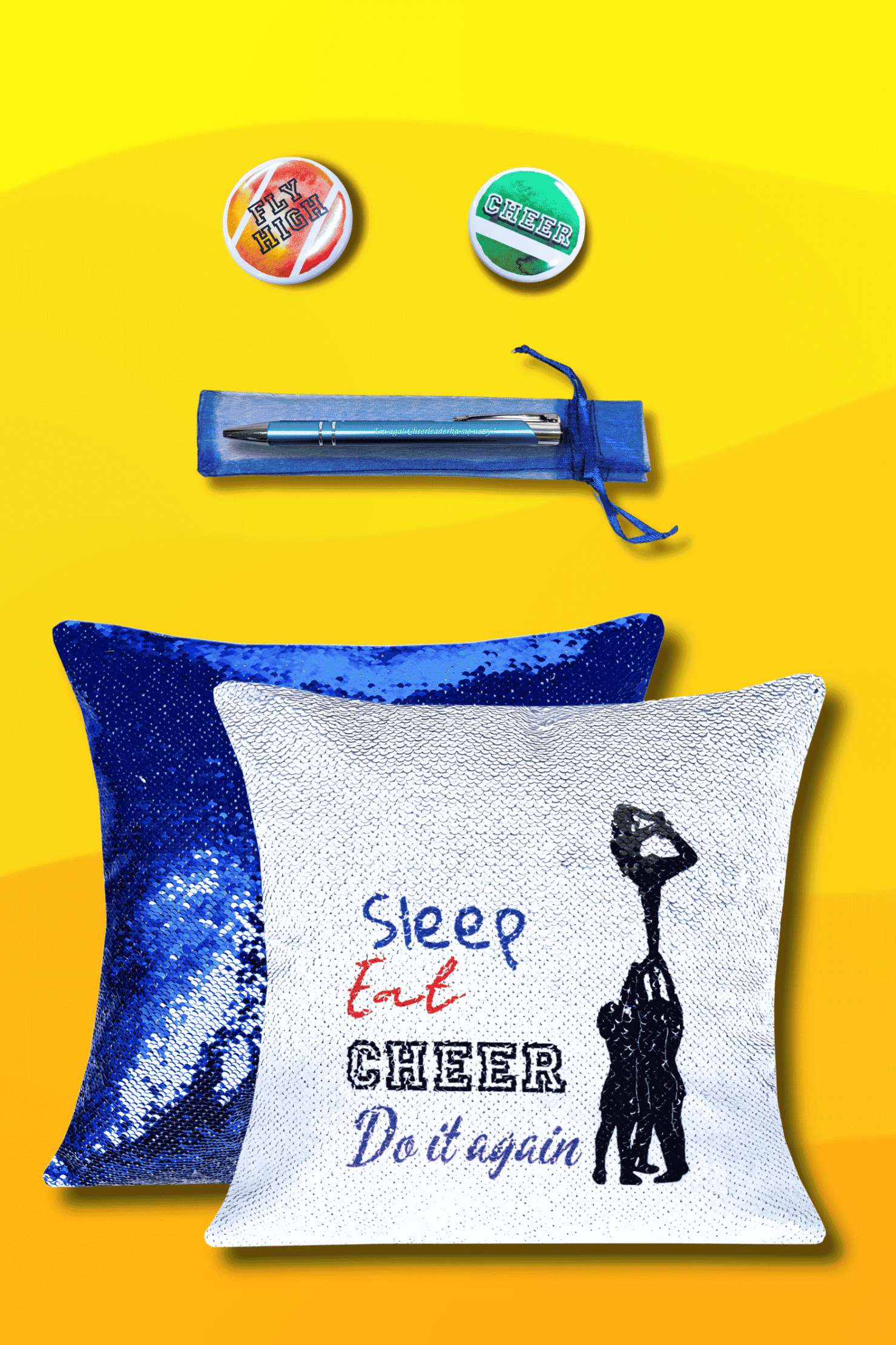 Zestaw Niebieski CHEER BOX, cekinowa poduszka sleep cheer repeat, zestaw cheer przypinek, długopis niebieski uwaga cheerleaderka się uczy