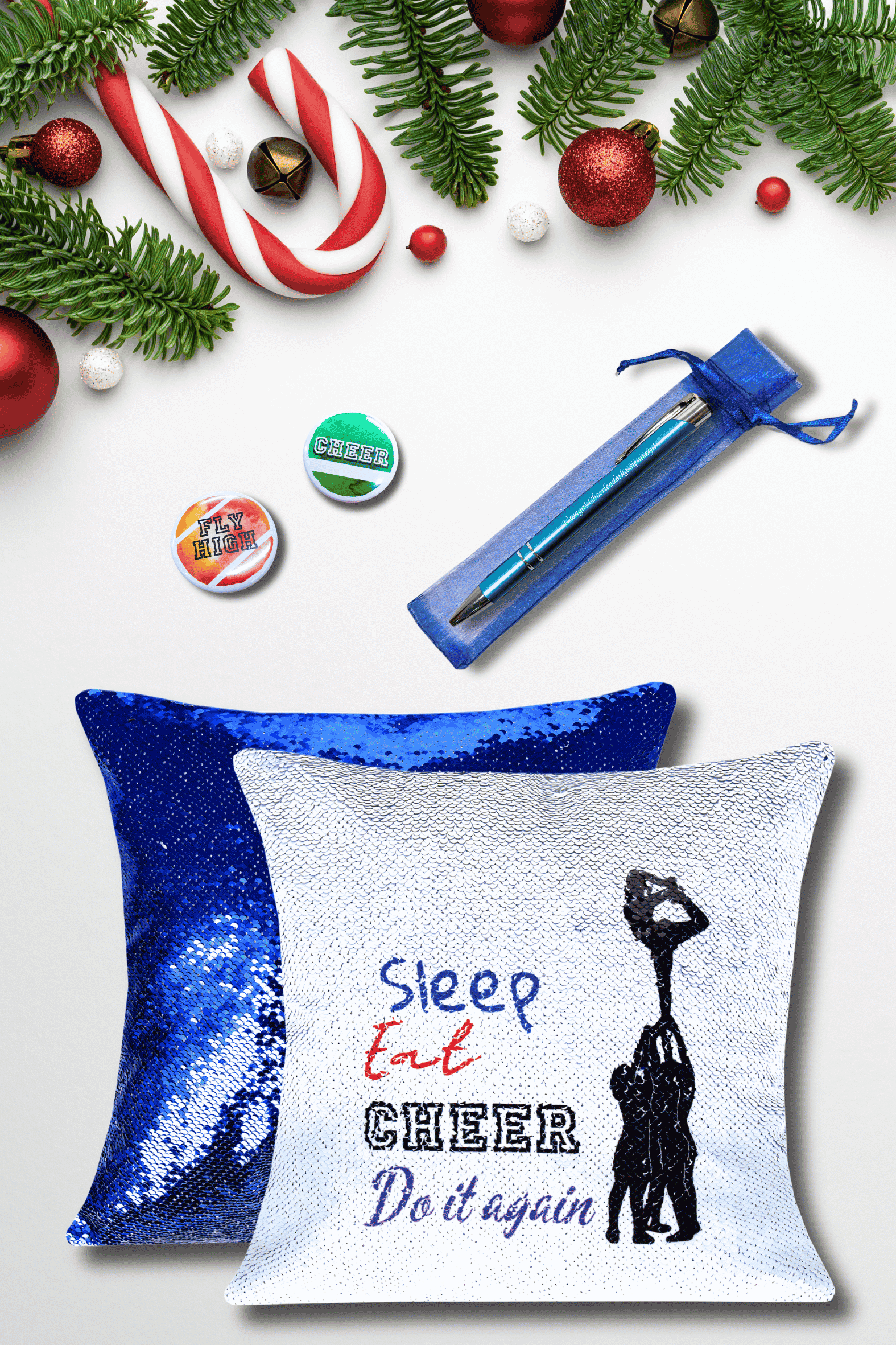 Zestaw świąteczny Niebieski CHEER BOX, cekinowa poduszka sleep cheer repeat, zestaw cheer przypinek, długopis niebieski uwaga cheerleaderka się uczy, świąteczny zestaw pod choinkę, prezent na święt adla cheerleaderki