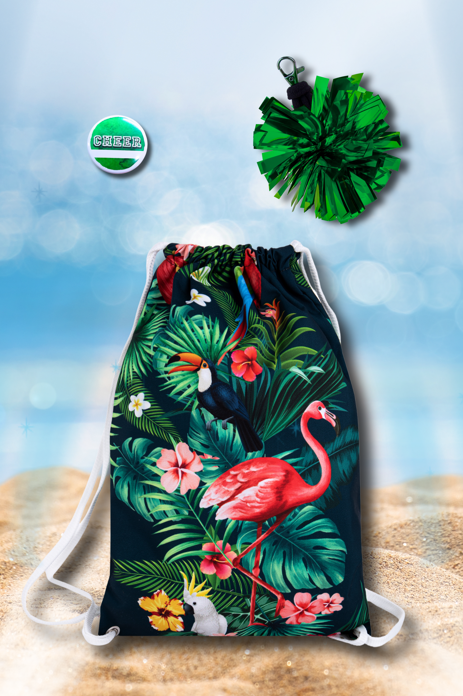 Zestaw Tropical z plecakoworkiem, mini pomponikiem zielonymi przypinką cheer
