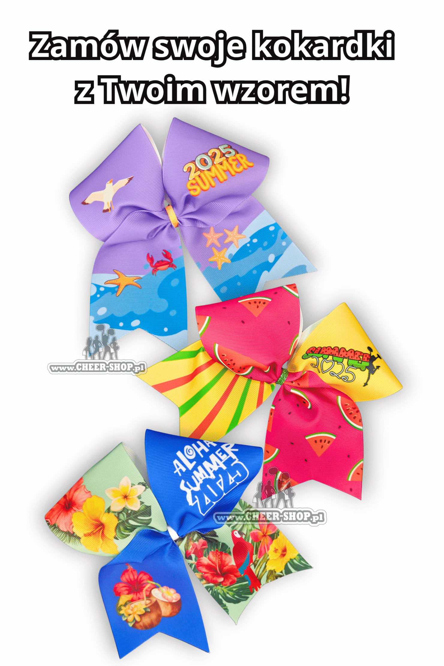 camp bows, kokardki obozowe z twoim wzorem, miękkie kokardki, kokardki na obóz dla cheerleaderek
