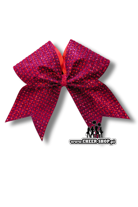 Kokarda Full Out cherry red, czerwone cyrkonie, profesjonalna kokarda do włosów dla cheerleaderek, professional bow, cheer bow, kokarda z dżetami, kokarda z cyrkoniami, kokarda z diamencikami