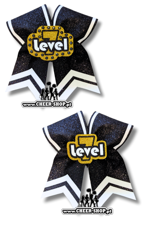 Kokarda Kick Full black level 7, level seven, profesjonalna kokarda dla cheerleaderek, professional bow, cheer bow, kokarda z dżetami, kokarda z cyrkoniami, środek 3D, 3D center