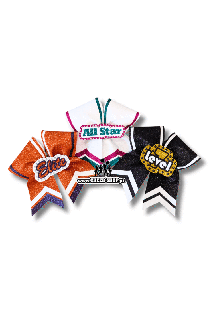 Kokarda Kick Full orange elite, white all star, black level 7, profesjonalna kokarda dla cheerleaderek, professional bow, cheer bow, kokarda z dżetami, z cyrkoniami, środek 3D, 3D center, poziom