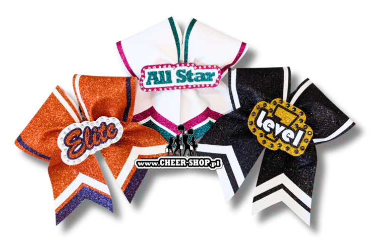 Kokarda Kick Full orange elite, white all star, black level 7, profesjonalna kokarda dla cheerleaderek, professional bow, cheer bow, kokarda z dżetami, z cyrkoniami, środek 3D, 3D center, poziom