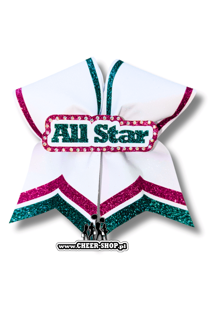 Kokarda Kick Full white all star dżety, profesjonalna kokarda dla cheerleaderek, professional bow, cheer bow, kokarda z dżetami, kokarda z cyrkoniami, środek 3D, 3D center