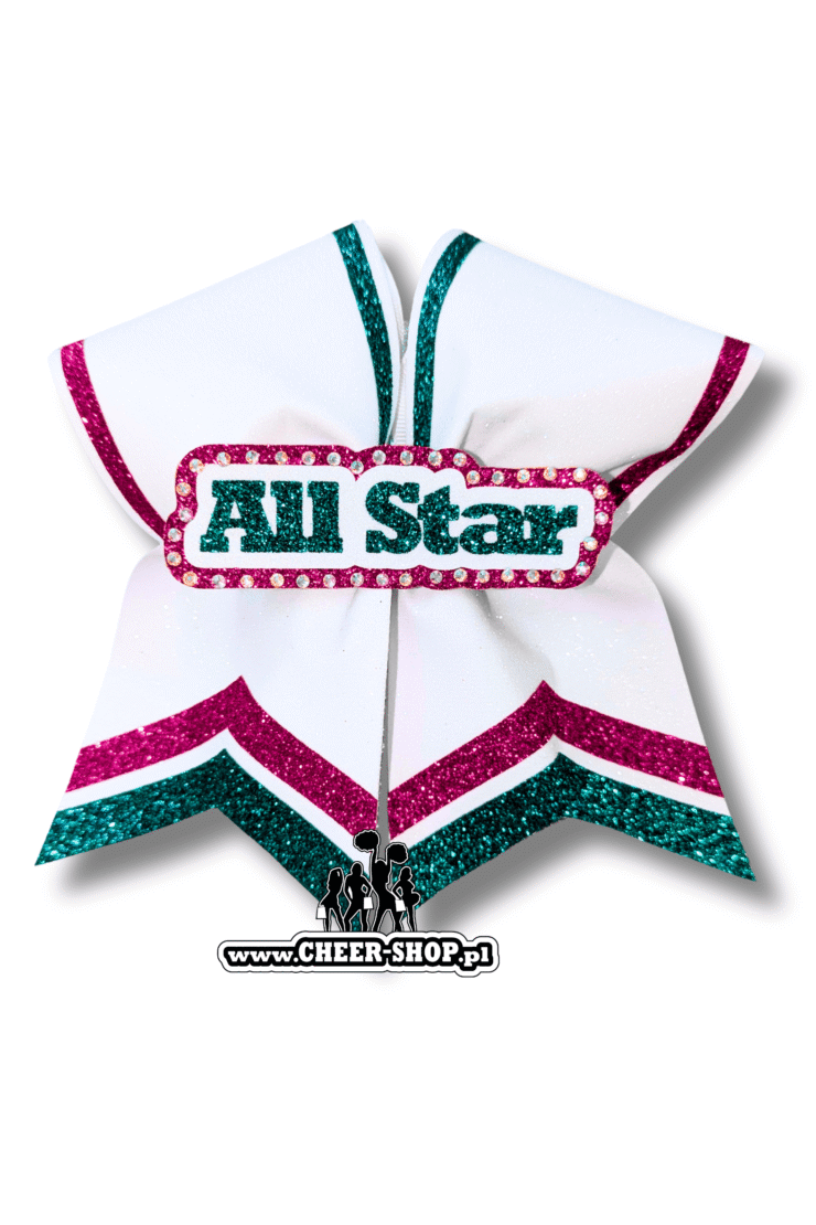 Kokarda Kick Full white all star dżety, profesjonalna kokarda dla cheerleaderek, professional bow, cheer bow, kokarda z dżetami, kokarda z cyrkoniami, środek 3D, 3D center all star