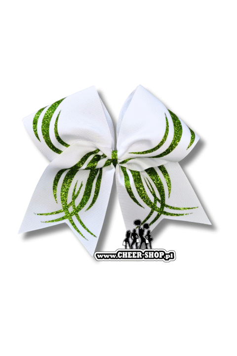 Kokarda Tribal, profesjonalna kokarda dla cheerleaderek, professional bow, cheer bow, kokarda z dżetami, kokarda z cyrkoniami, tribal bow, white and green bow