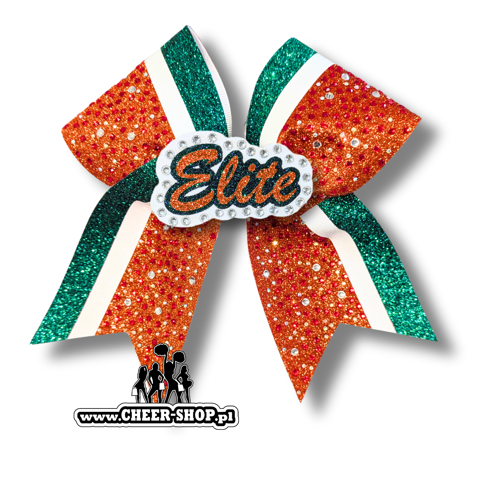 kokarda cupie pomarańczowa level seven, level 7, cheerleading, kokarda z dżetami, kokarda z diamencikami, cheer bow, gemstones, rhinestones, cheershop, best bow, cheersport, środek 3d elite, center 3d