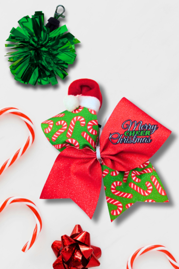 Cheer Box Świąteczny Laska Cukrowa, zestaw prezentowy, gift set, profesjonalna kokarda dla cheerleaderek, brelok mini pomponik