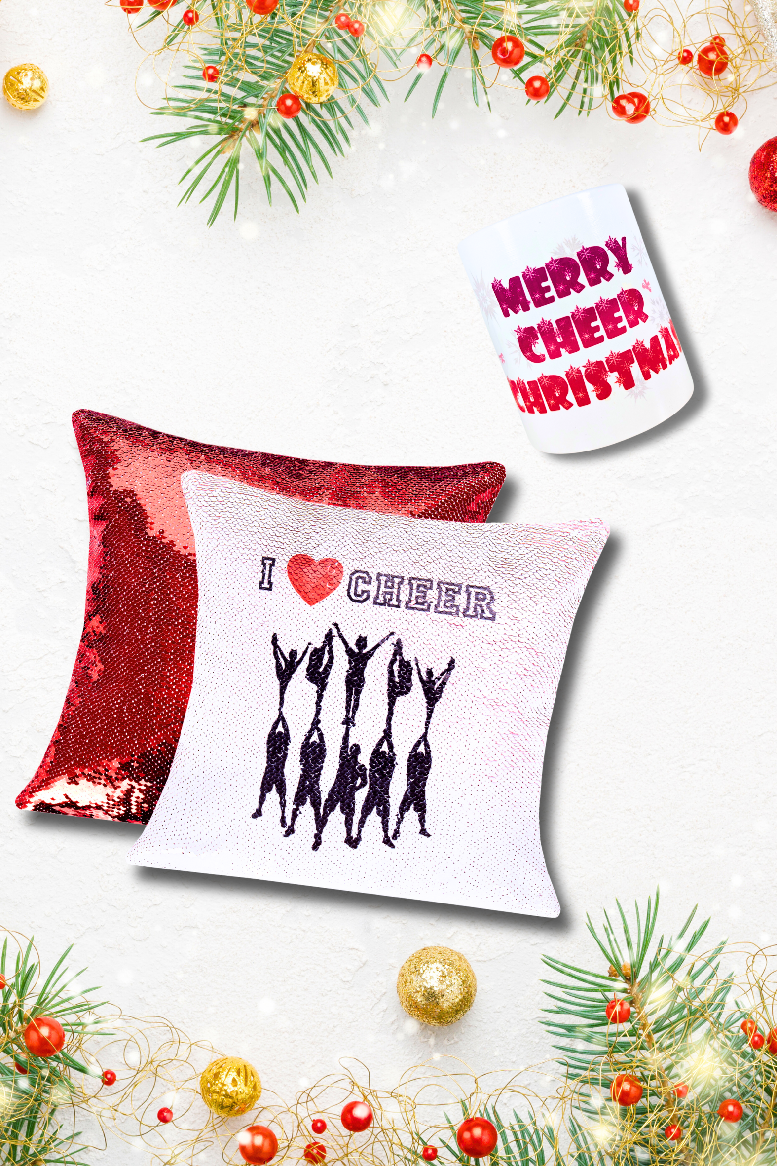Cheer Box Świąteczny Merry Cheer Christmas, cekinowa poduszka, kubek świąteczny, zestaw prezentowy, gift set