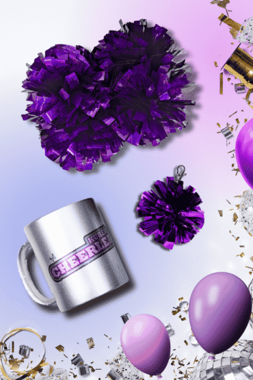 CHEER BOX Fioletowy, zestaw prezentowy, fioletowe pompony, breloczek mini pomponik, kubek idealny dla cheerleaderki