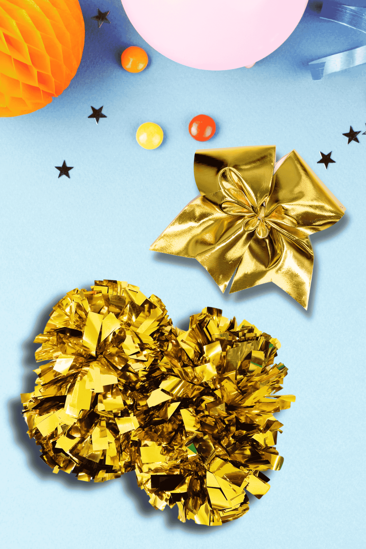 CHEER BOX Golden WOW, złote pompony metaliczne, kokarda metallic, zestaw metaliczny, zestaw prezentowy, prezent dla cheerleaders
