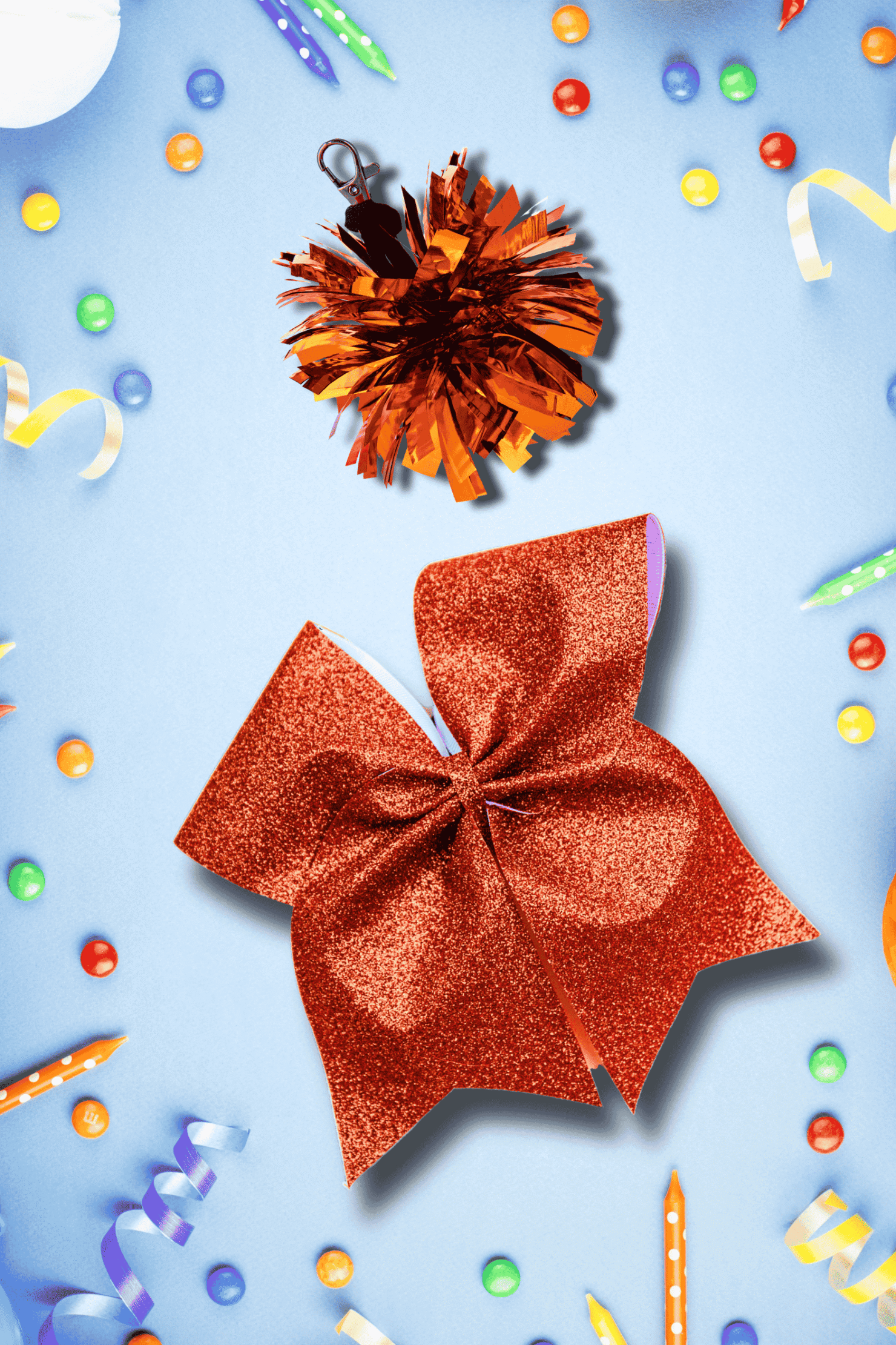 CHEER BOX Pomarańczowy, profesjonalna brokatowa kokarda w kolorze pomarańczowym, mini pomponik breloczek pomarańczowy z folii metallic