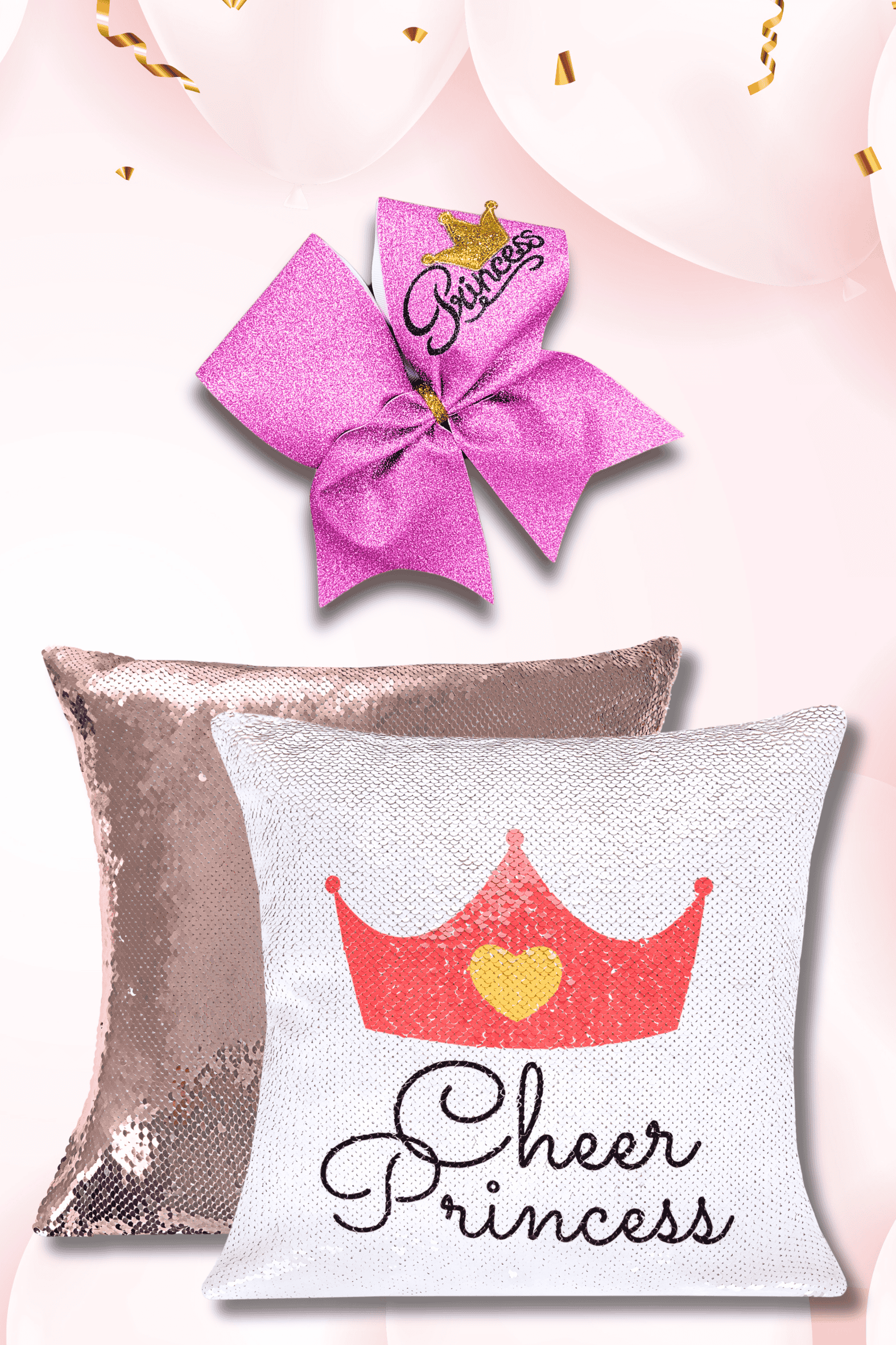 Zestaw Szampański z cekinową poduszką cheer princess oraz profesjonalną brokatową cheer kokardką w kolorze jasnego różu z napisem Princess i koroną 3D