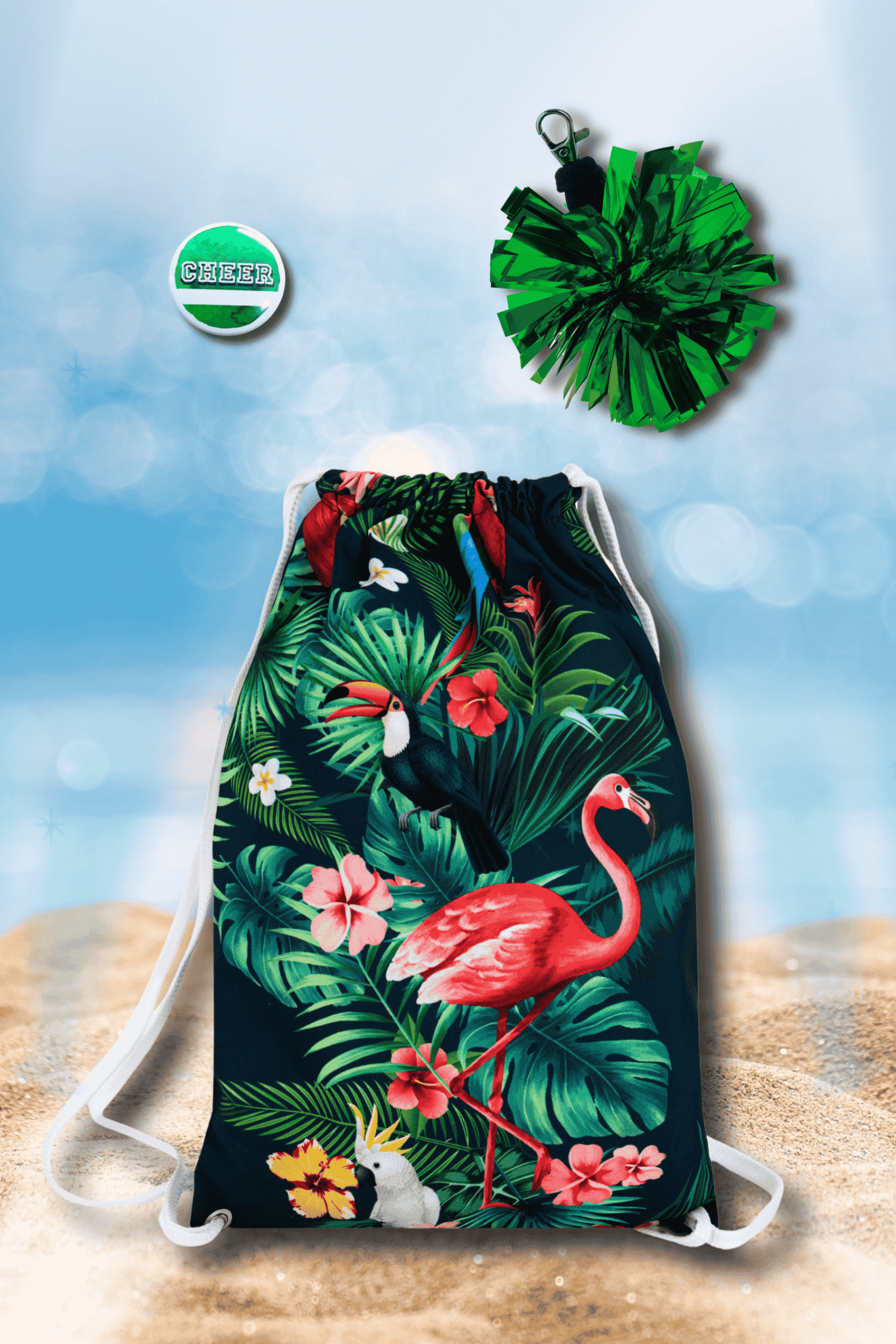 Zestaw Tropical z plecakoworkiem, mini pomponikiem zielonymi przypinką cheer