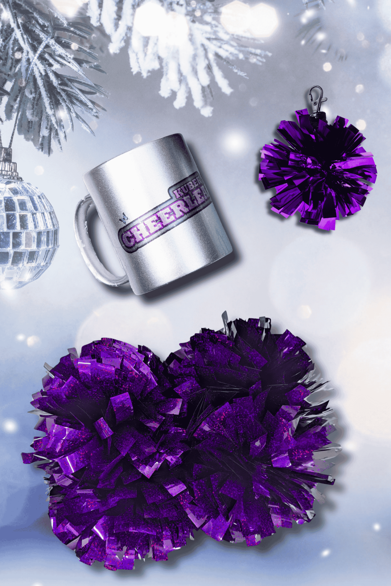 CHEER BOX Fioletowy, zestaw prezentowy, fioletowe pompony, breloczek mini pomponik, kubek idealny dla cheerleaderki, prezent na święta, prezent pod choinkę dla cheerleaders
