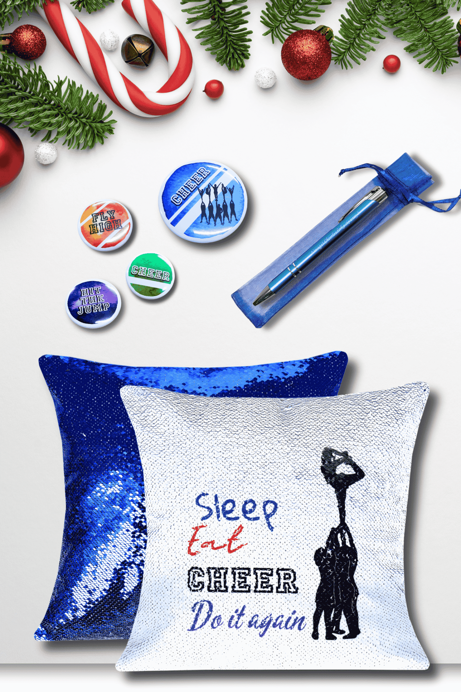 Zestaw świąteczny Niebieski CHEER BOX, cekinowa poduszka sleep cheer repeat, zestaw cheer przypinek, długopis niebieski uwaga cheerleaderka się uczy, świąteczny zestaw pod choinkę, prezent na święt adla cheerleaderki