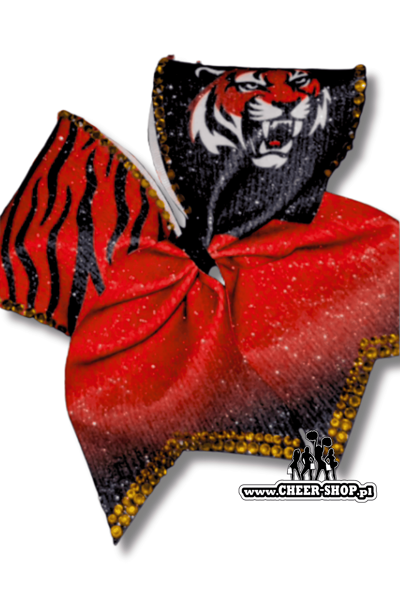 Brokatowa kokarda z twoim nadrukiem, personalizowana kokarda, customized bow, yours bow, cheer bow, bow for cheerleaders, professional bow, profesjonalna kokarda dla cheerleaderek inferno