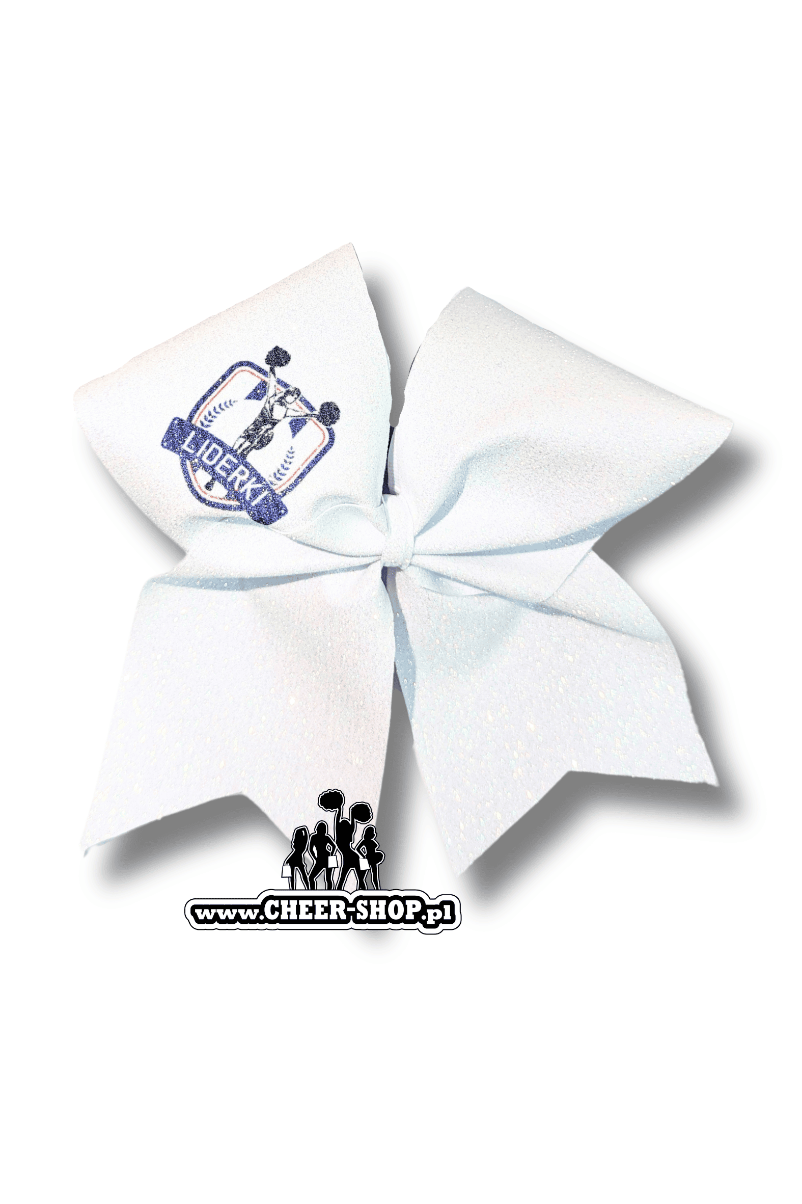 Brokatowa kokarda z twoim nadrukiem, personalizowana kokarda, customized bow, yours bow, cheer bow, bow for cheerleaders, professional bow, profesjonalna kokarda dla cheerleaderek, liderki biel