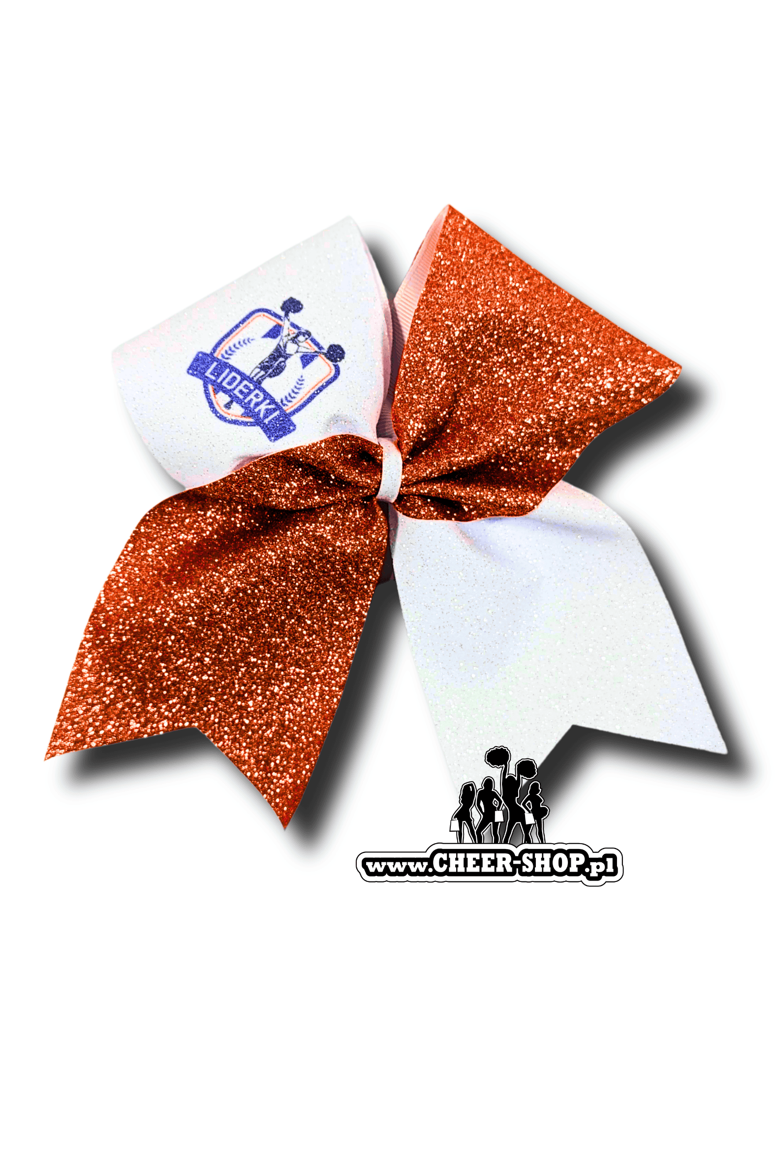 Brokatowa kokarda z twoim nadrukiem, personalizowana kokarda, customized bow, yours bow, cheer bow, bow for cheerleaders, professional bow, profesjonalna kokarda dla cheerleaderek, liderki pomarańczowy biały