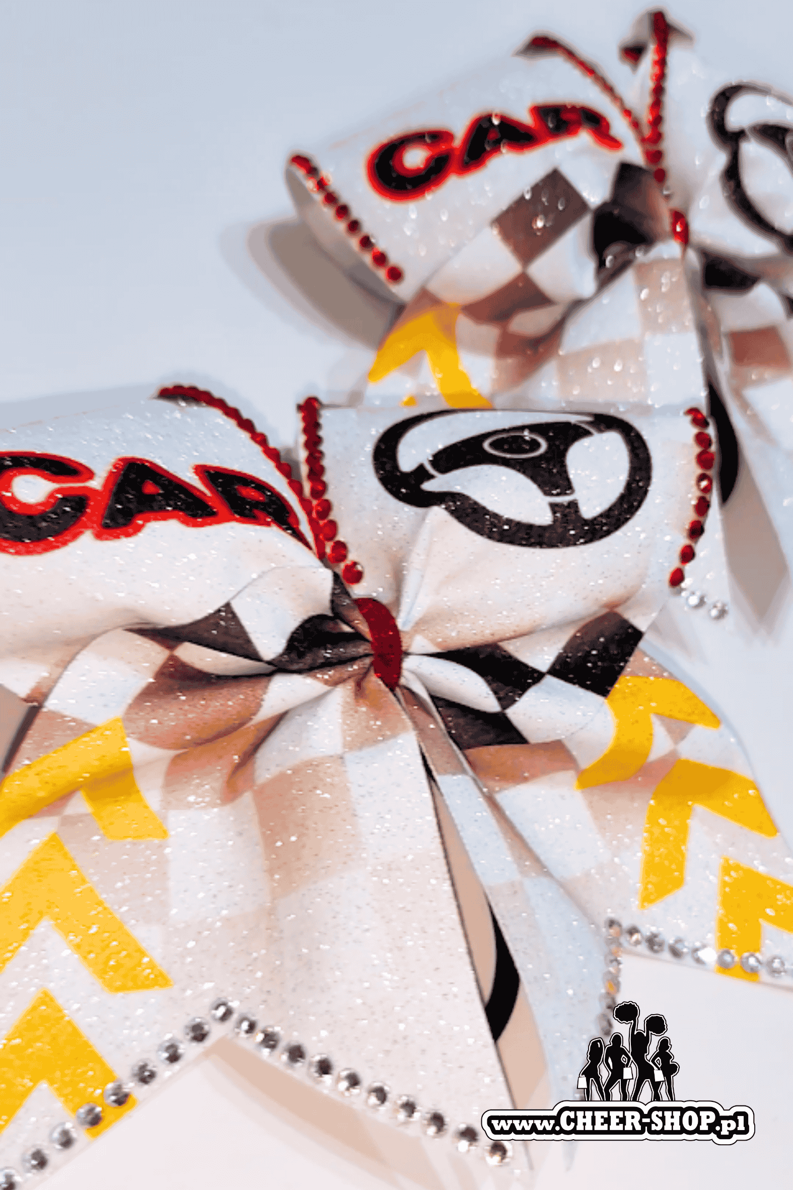 Brokatowa kokarda z twoim nadrukiem, personalizowana kokarda, customized bow, yours bow, cheer bow, bow for cheerleaders, professional bow, profesjonalna kokarda dla cheerleaderek speed stars cars