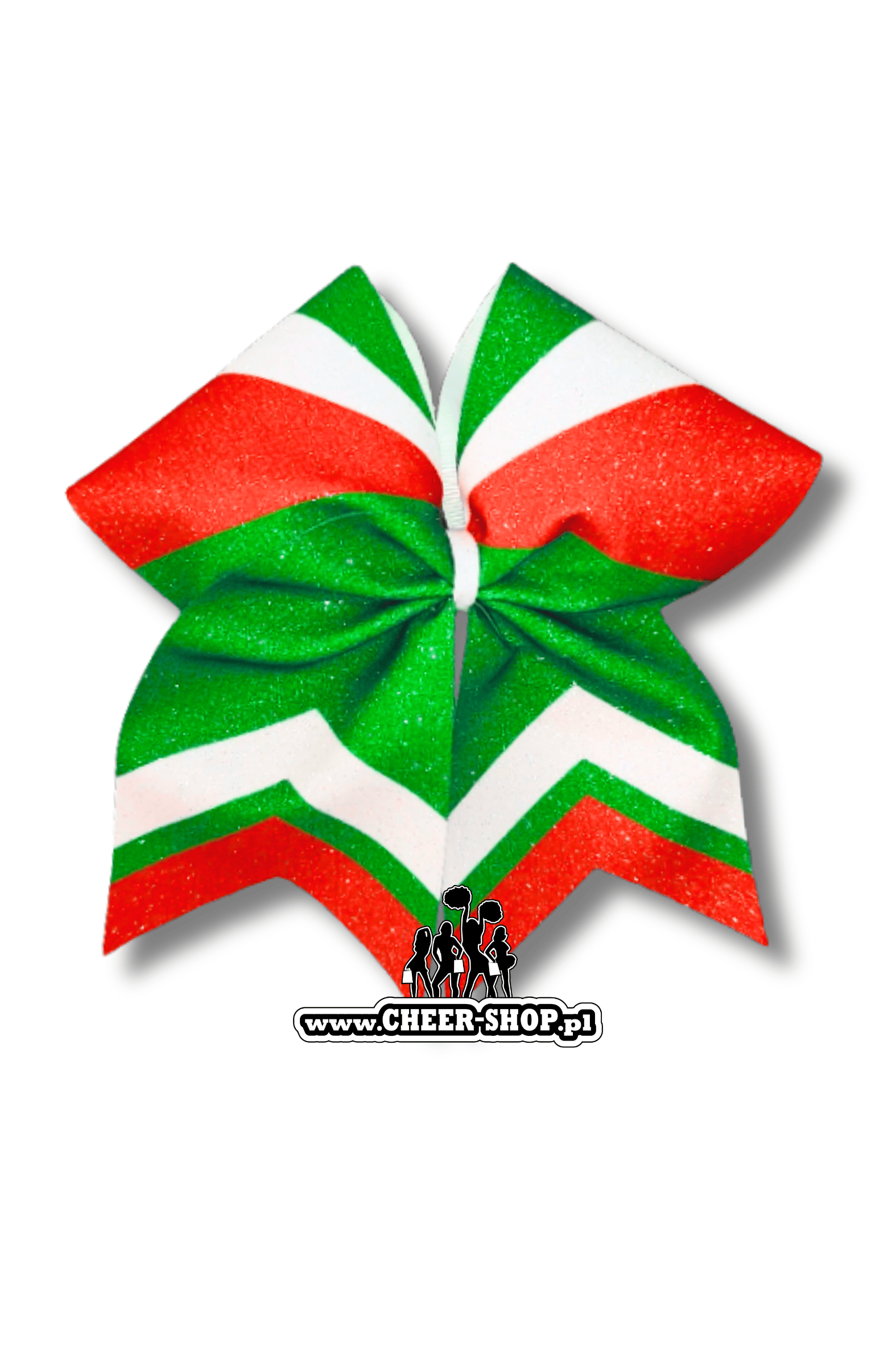 Brokatowa kokarda z twoim nadrukiem, personalizowana kokarda, customized bow, yours bow, cheer bow, bow for cheerleaders, professional bow, profesjonalna kokarda dla cheerleaderek zielono czerwona