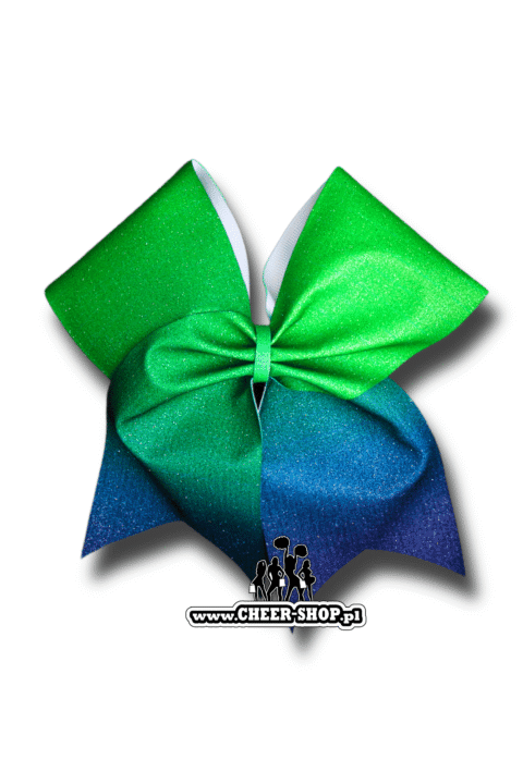 Brokatowa kokarda z twoim nadrukiem, personalizowana kokarda, customized bow, yours bow, cheer bow, bow for cheerleaders, professional bow, profesjonalna kokarda dla cheerleaderek, zielono niebieska