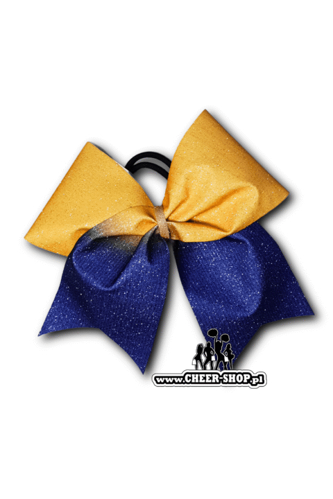 Brokatowa kokarda z twoim nadrukiem, personalizowana kokarda, customized bow, yours bow, cheer bow, bow for cheerleaders, professional bow, profesjonalna kokarda dla cheerleaderek żółto niebieska